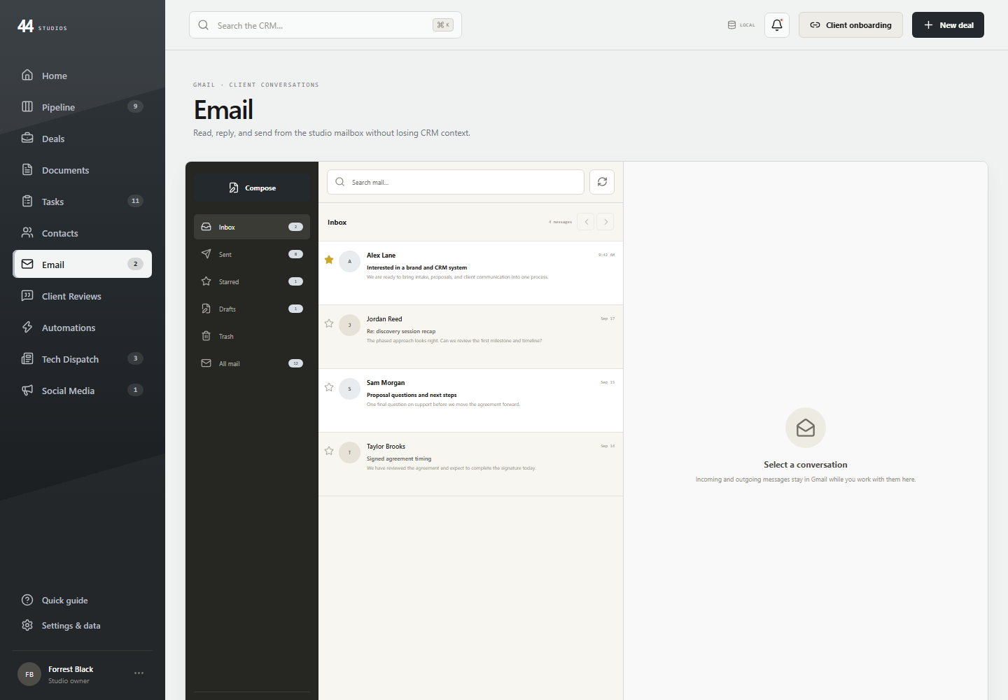 Populated 44 Studios CRM Gmail inbox