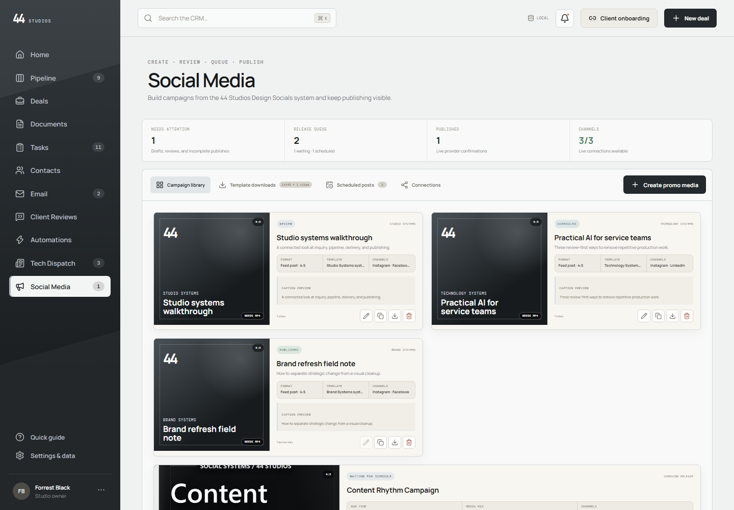 Populated 44 Studios CRM social campaign library