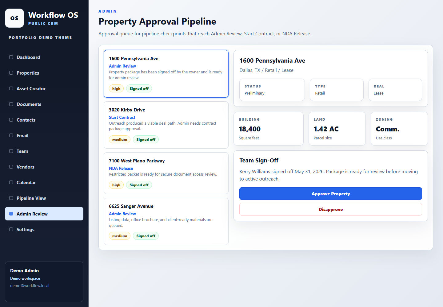 Public-themed CRM admin review workflow
