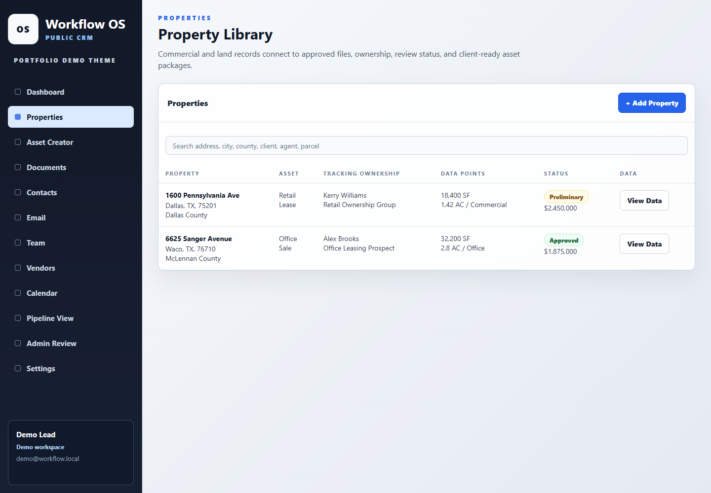 Public-themed CRM property library workflow